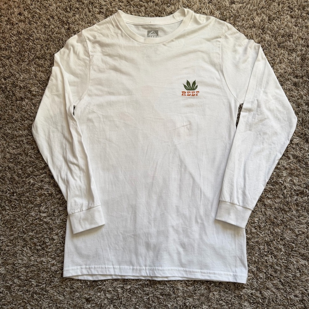 Reef White Long Sleeve Shirt with Logo Mens Size Small 100% Cotton